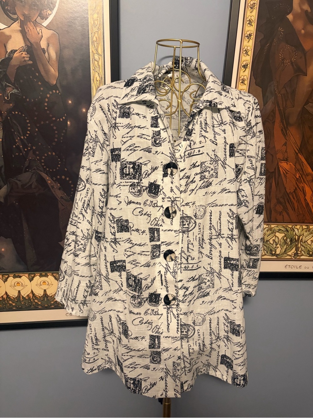 Script Print Button-Front Coat in Ivory and Black